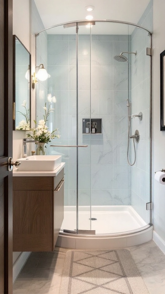 A modern corner shower with curved glass, a sleek vanity, and light blue tiles.