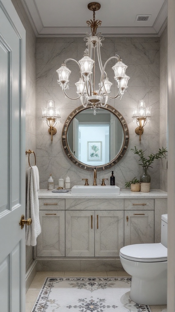 A stylish bathroom featuring a chandelier, marble walls, and elegant decor.