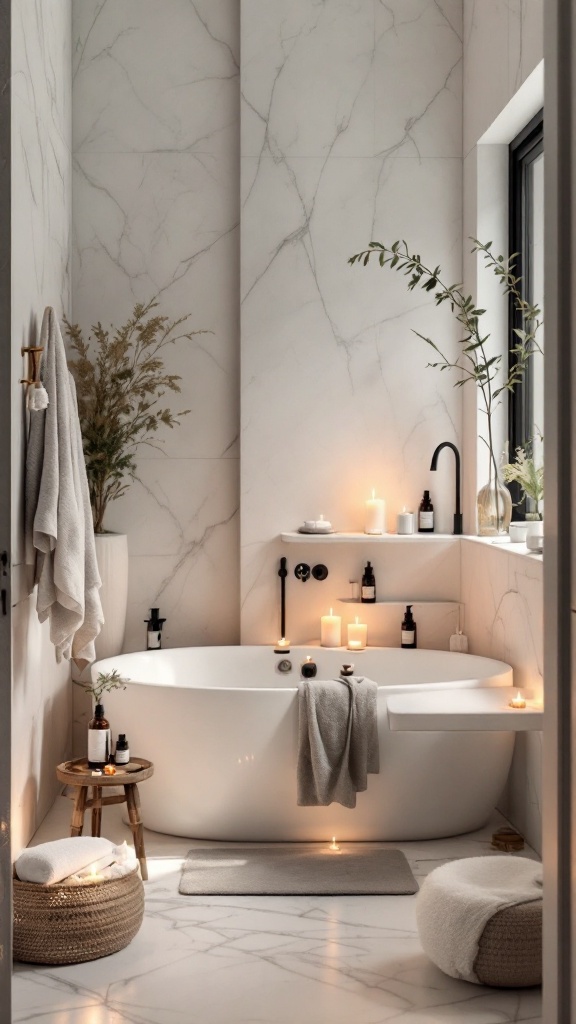 A serene bathroom with a freestanding bathtub, candles, essential oils, and natural decor, set for a relaxing spa-like experience.