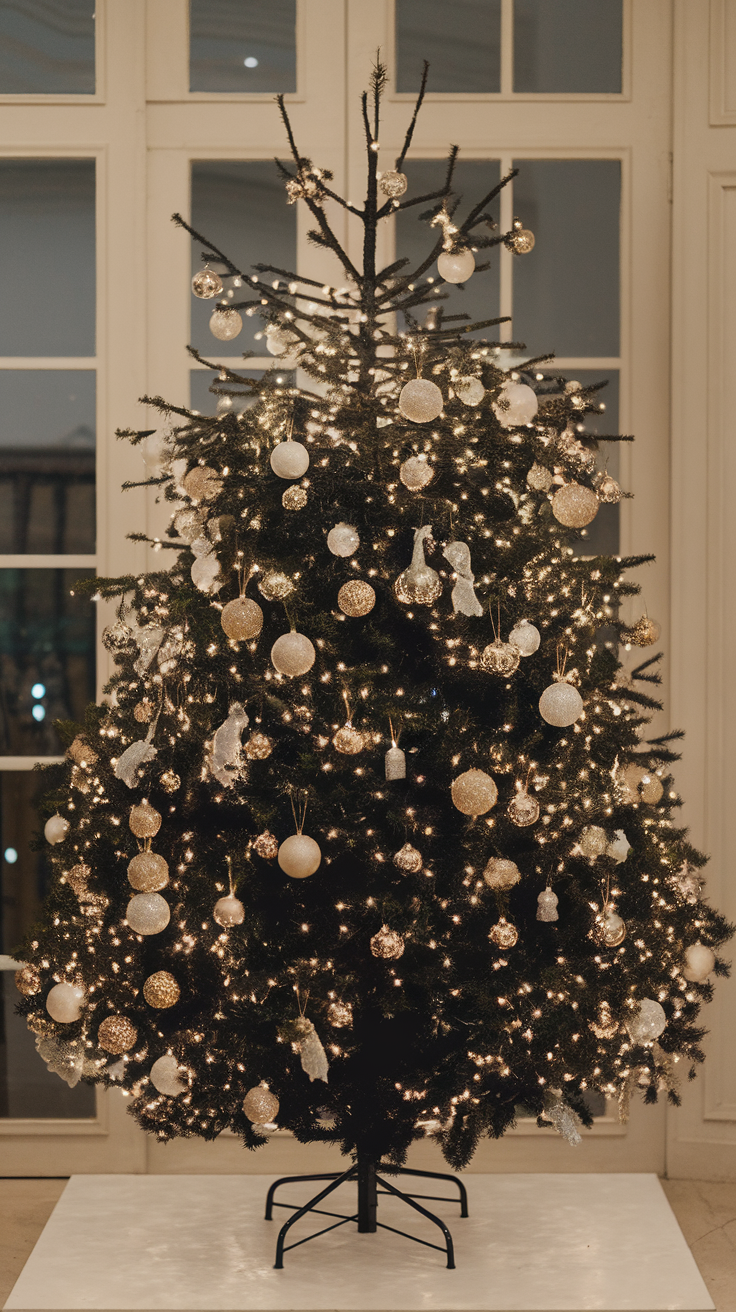 A beautifully decorated black Christmas tree with gold and silver ornaments, illuminated by warm lights.