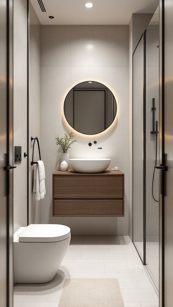 A modern minimalist bathroom featuring a round mirror, wooden vanity, and a clean design.