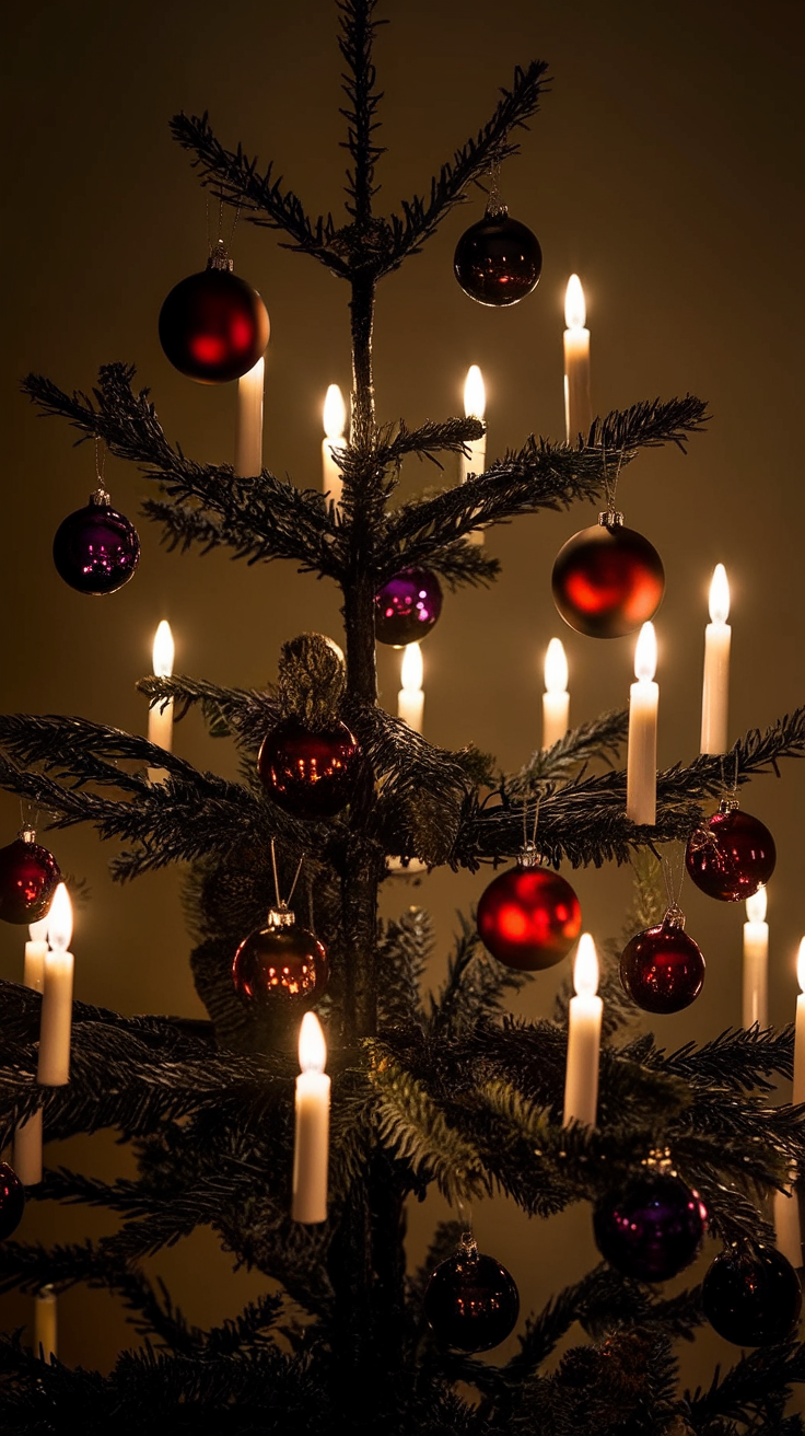 A Christmas tree with candles and red and purple ornaments, creating a gothic aesthetic.