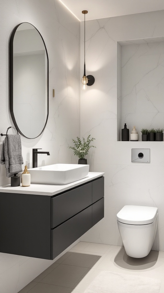 A modern bathroom featuring a floating vanity with a black finish and a round mirror.