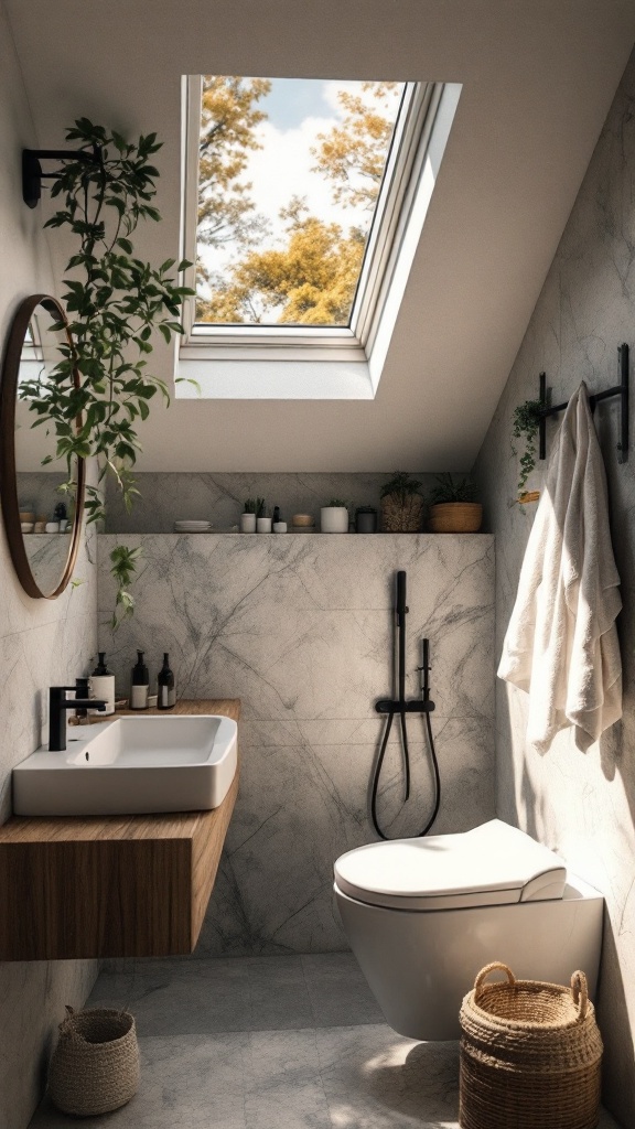 A bright bathroom featuring a skylight, modern fixtures, and plants.