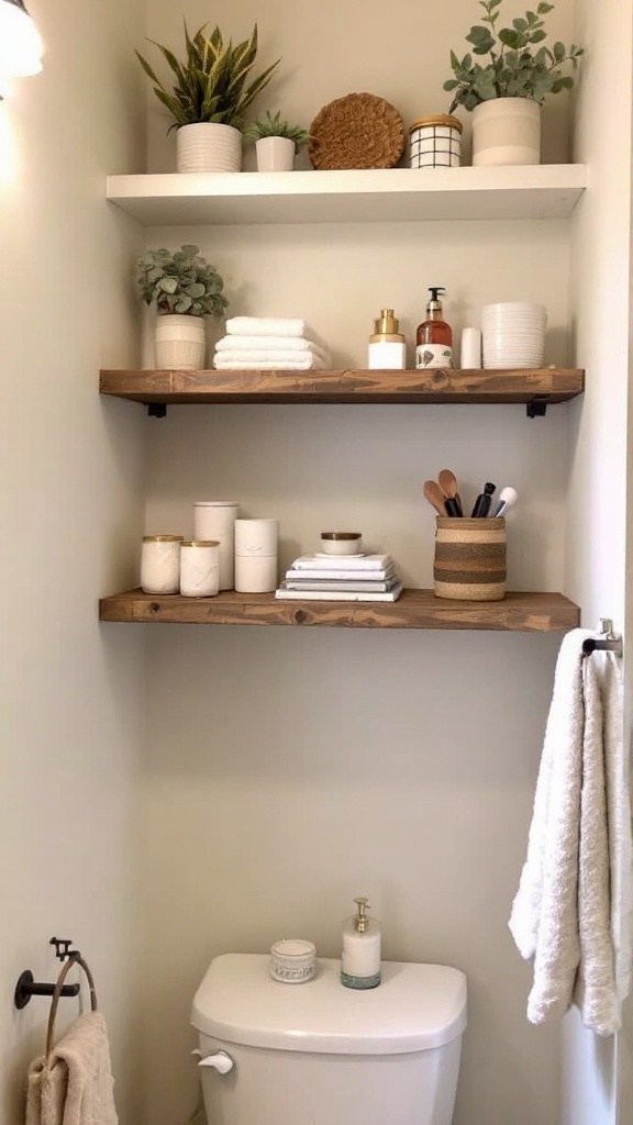 A bathroom scene featuring open shelving with plants and neatly arranged toiletries.