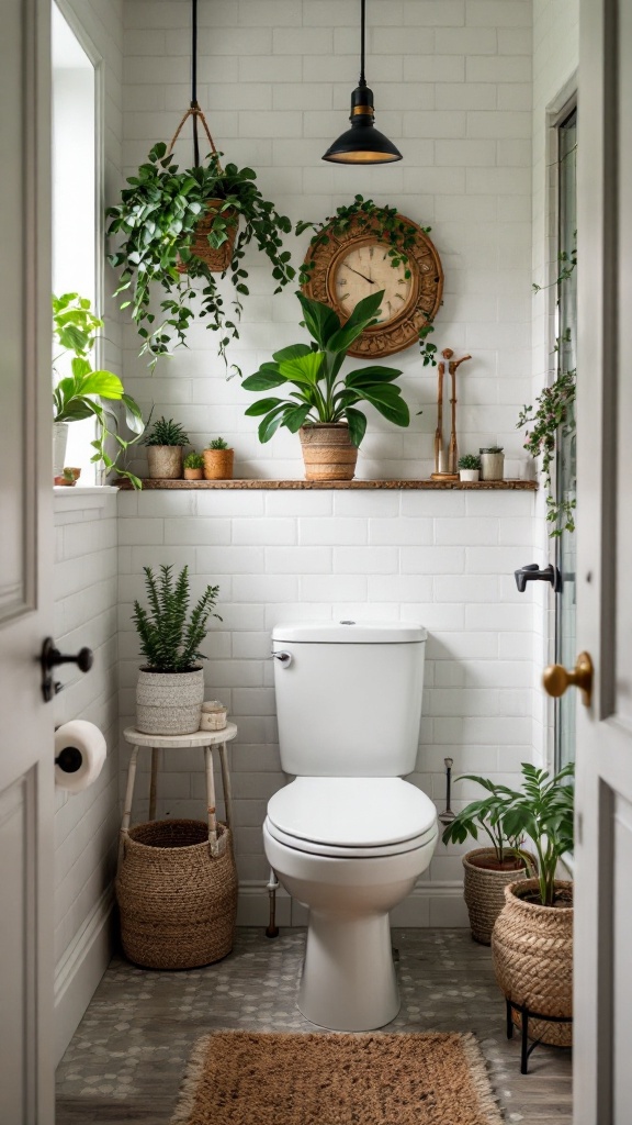 A stylish bathroom featuring various plants, a clock, and a light fixture, showcasing a fresh and inviting atmosphere.