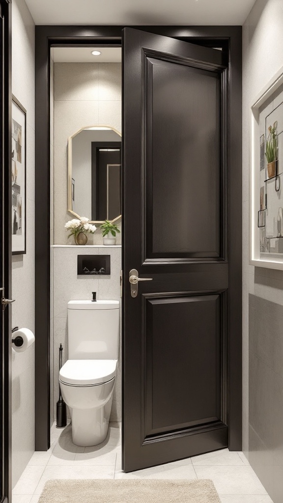 A modern bathroom with a black pocket door partially open, showing a clean and stylish interior.