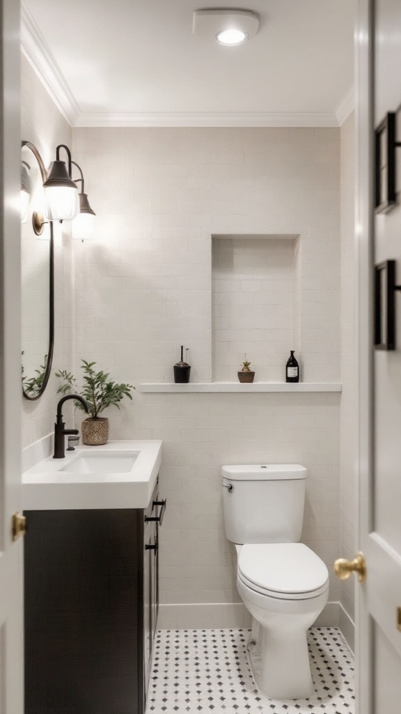 A modern bathroom featuring layered lighting with wall sconces and ceiling lights.