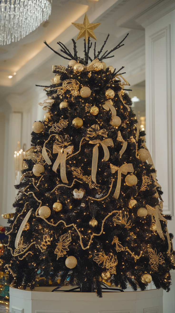 A luxurious black and gold themed Christmas tree decorated with gold ornaments and ribbons, topped with a golden star.