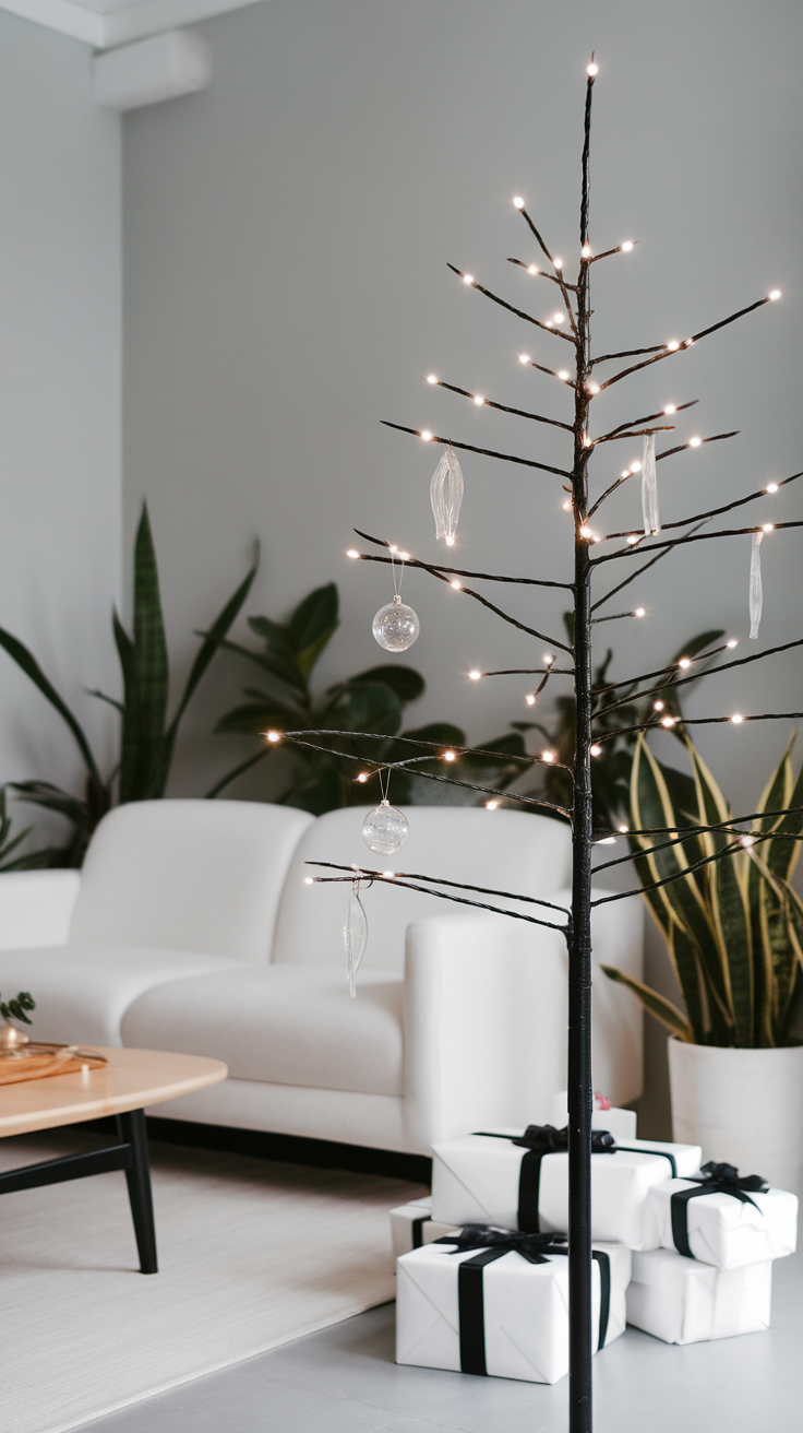 A minimalist black tree adorned with lights and ornaments, surrounded by wrapped gifts in a modern living room.