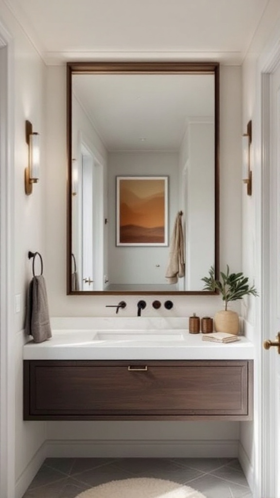 A modern bathroom featuring a large mirror above a stylish sink with wooden cabinetry.