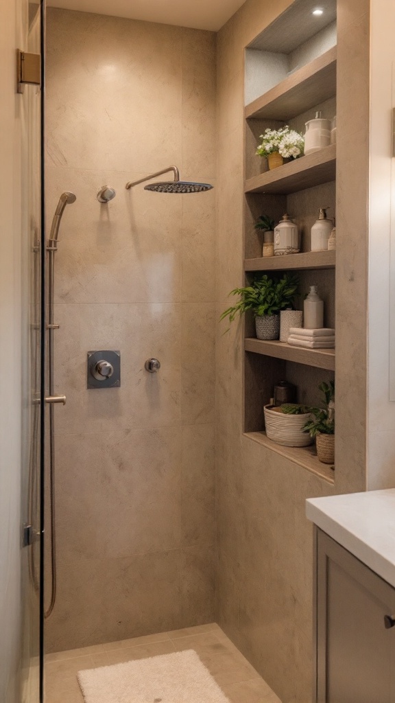 A modern shower with built-in shelves displaying toiletries and plants