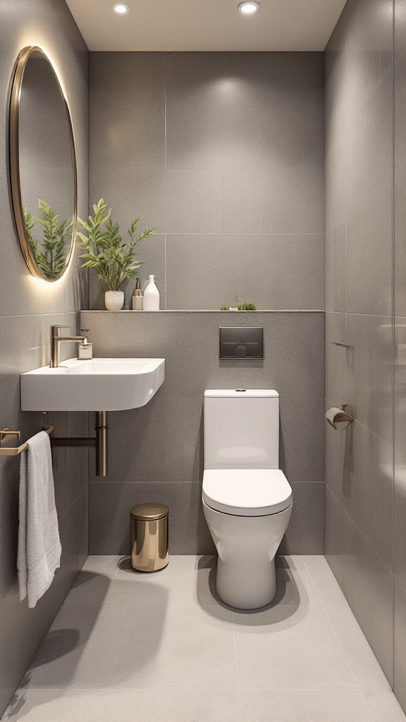 A compact modern bathroom featuring a wall-mounted sink, toilet, and a round mirror with plants.