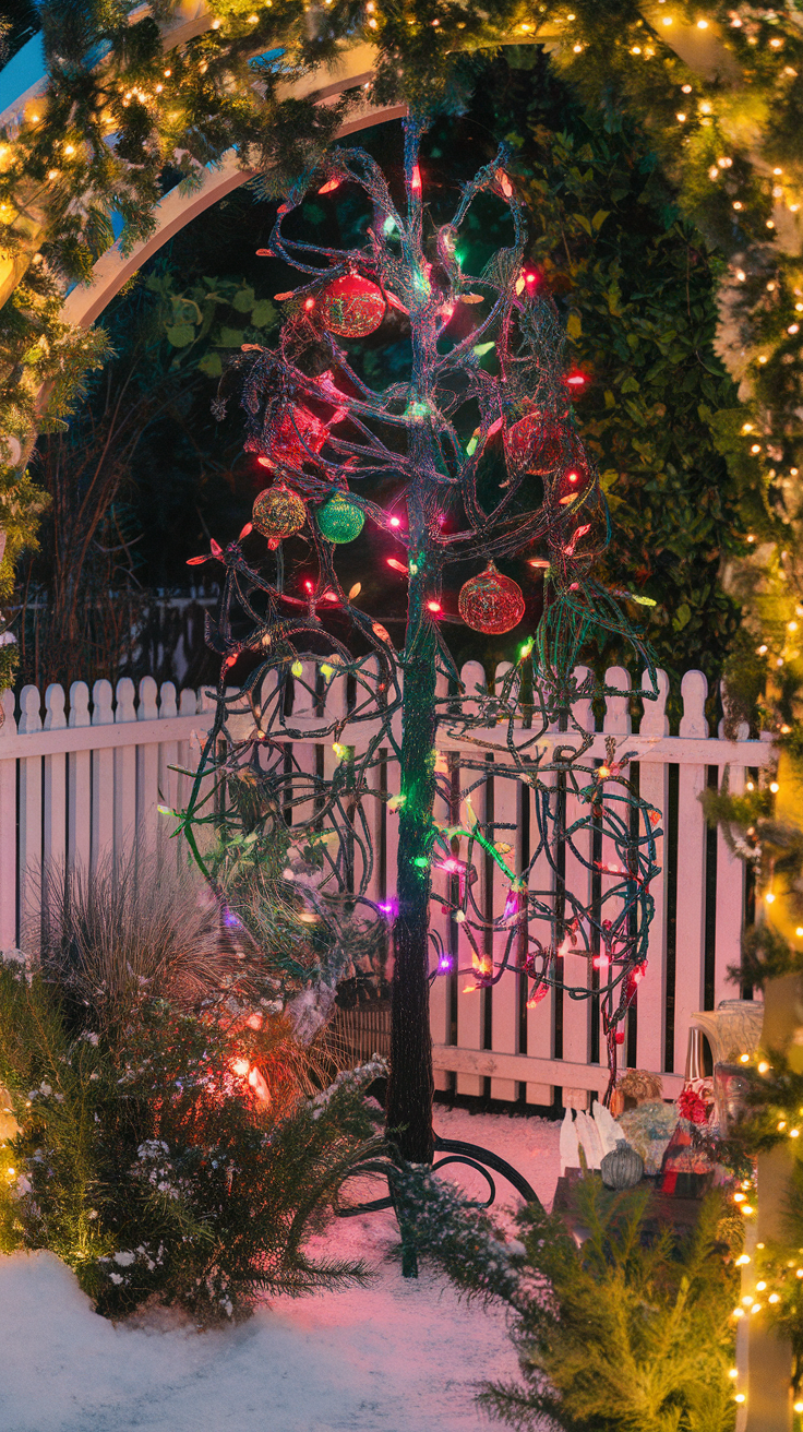 A creatively decorated black tree illuminated with colorful lights, set in a snowy outdoor space with surrounding greenery and a white picket fence.