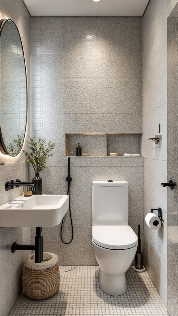 A modern bathroom featuring textured tiles, a round mirror, and minimalist fixtures.