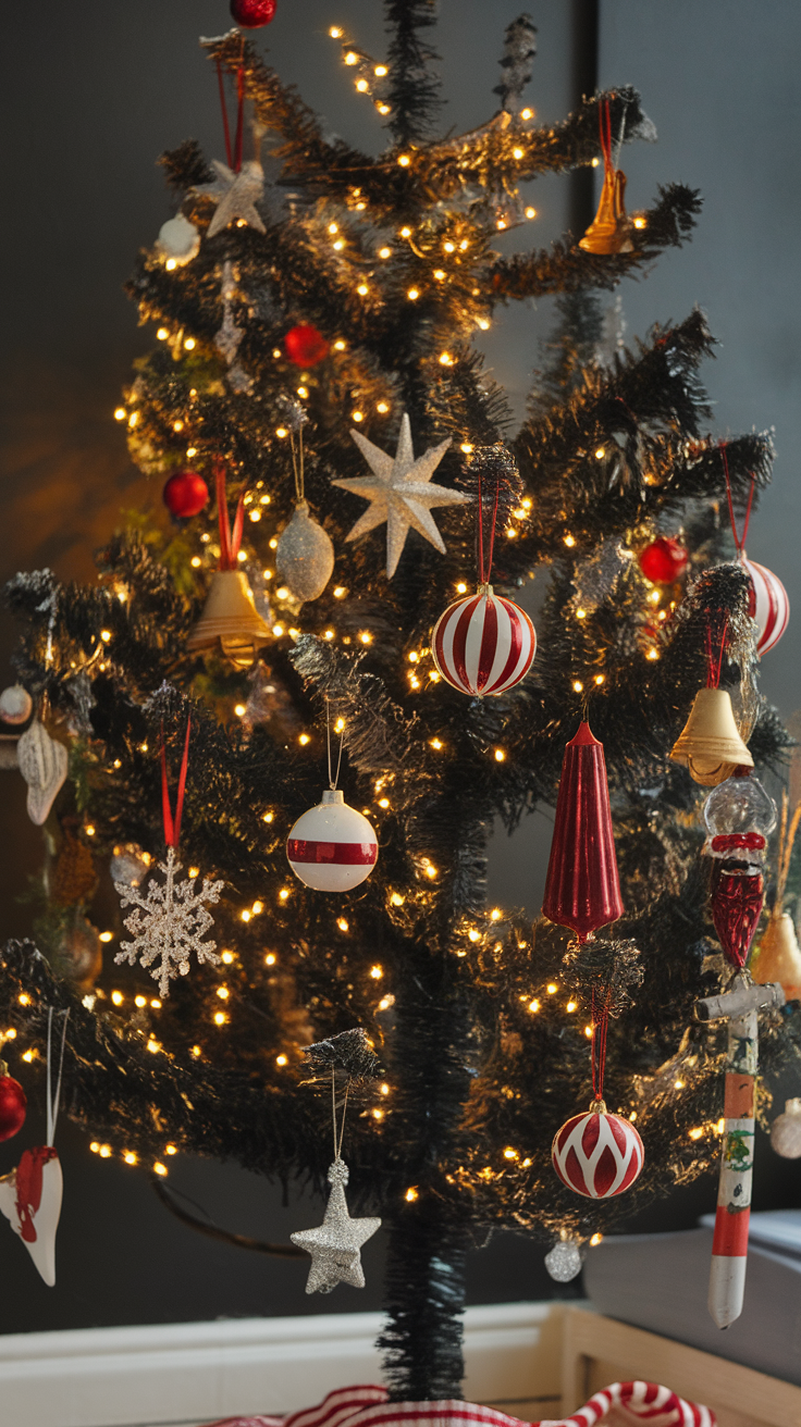 A beautifully decorated black Christmas tree with various ornaments, lights, and a cozy atmosphere.