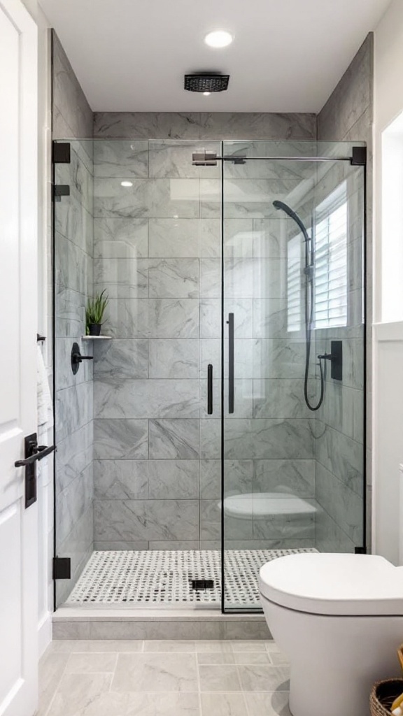 A modern bathroom with clear glass shower doors, featuring light tiles and minimal decor.