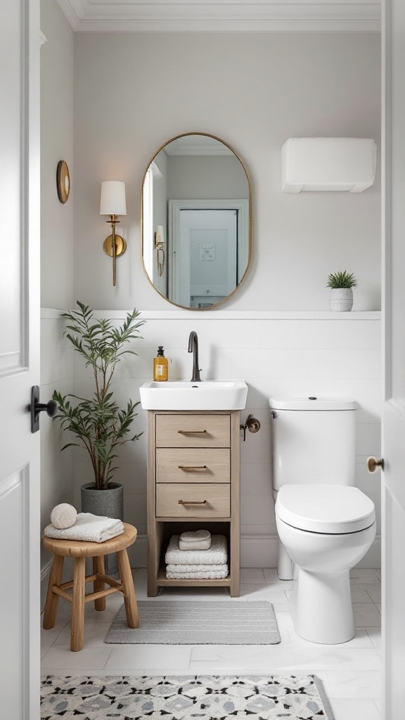 A modern bathroom featuring a multi-functional vanity with storage, a small wooden stool, and decorative plants.