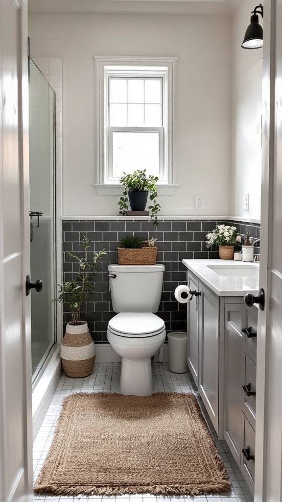 A cozy bathroom featuring a small rug in front of the toilet, plants, and modern decor.