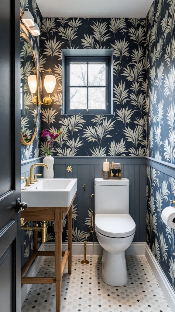 A stylish bathroom with floral wallpaper, gold fixtures, and a modern sink.