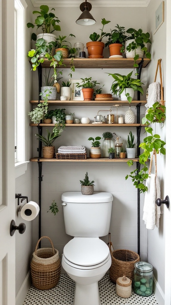 A bathroom with vertical shelving displaying various plants and decorative items.