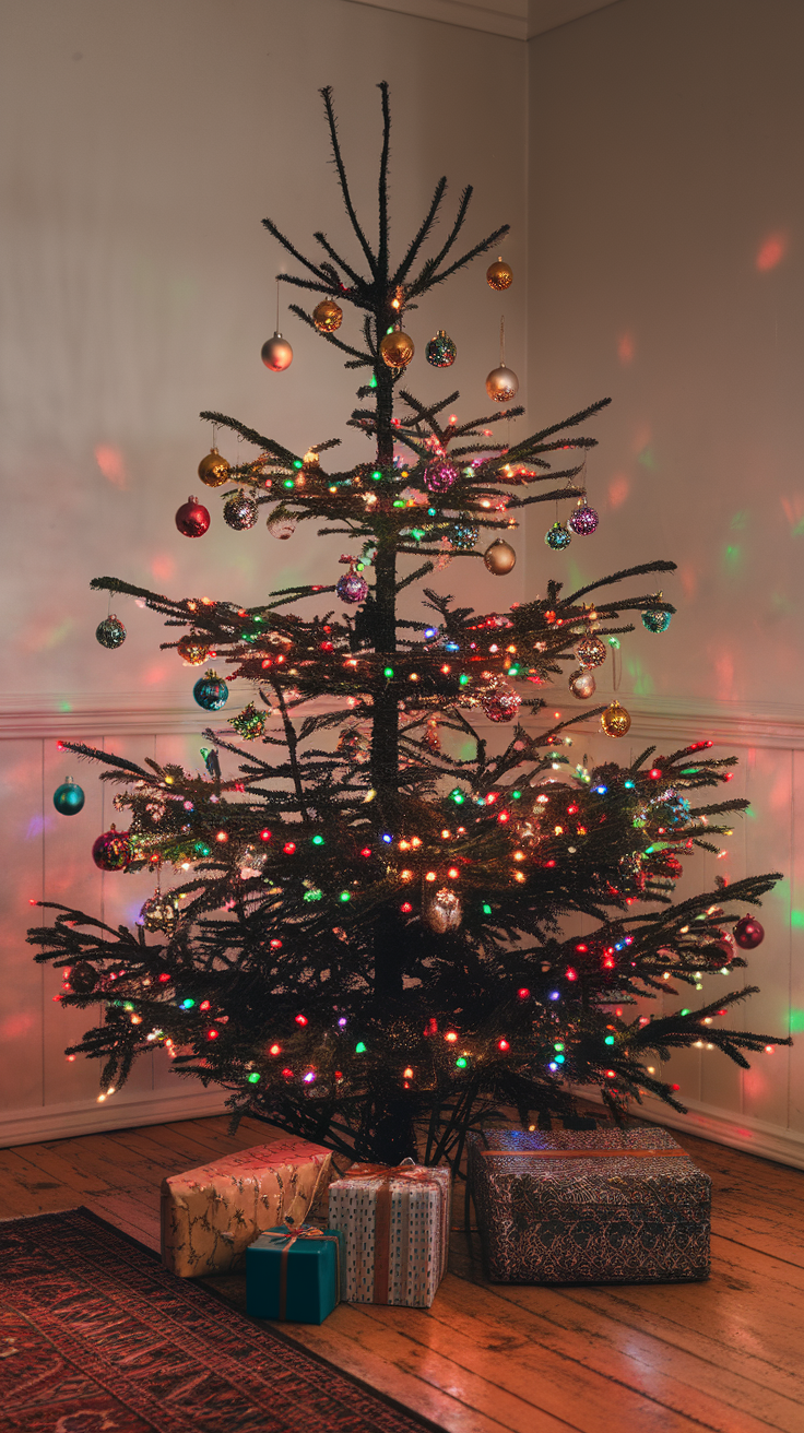 A beautifully decorated Christmas tree with colorful lights and ornaments, surrounded by wrapped gifts.