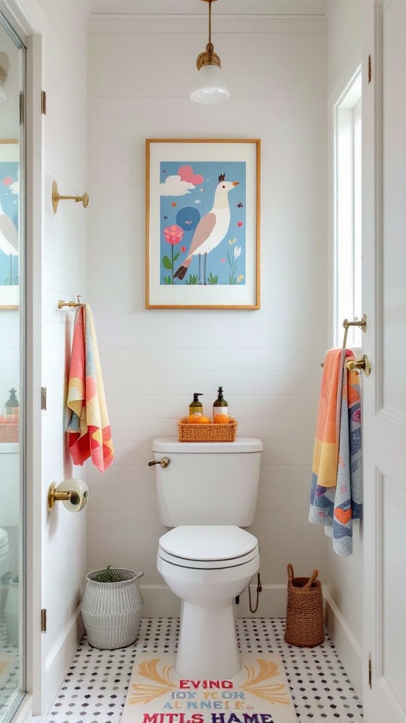 A colorful and cheerful bathroom with framed bird art, vibrant towels, and decorative accessories.