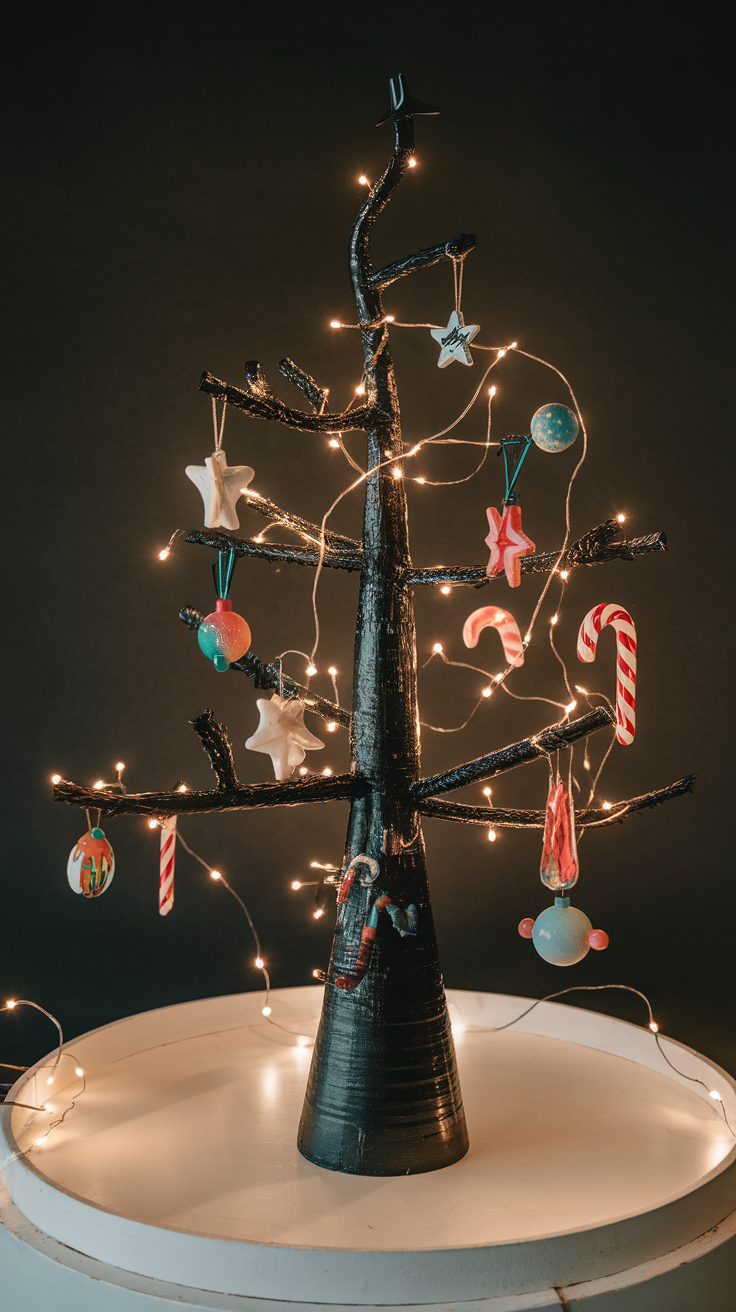 A whimsical black Christmas tree decorated with colorful ornaments and lights.