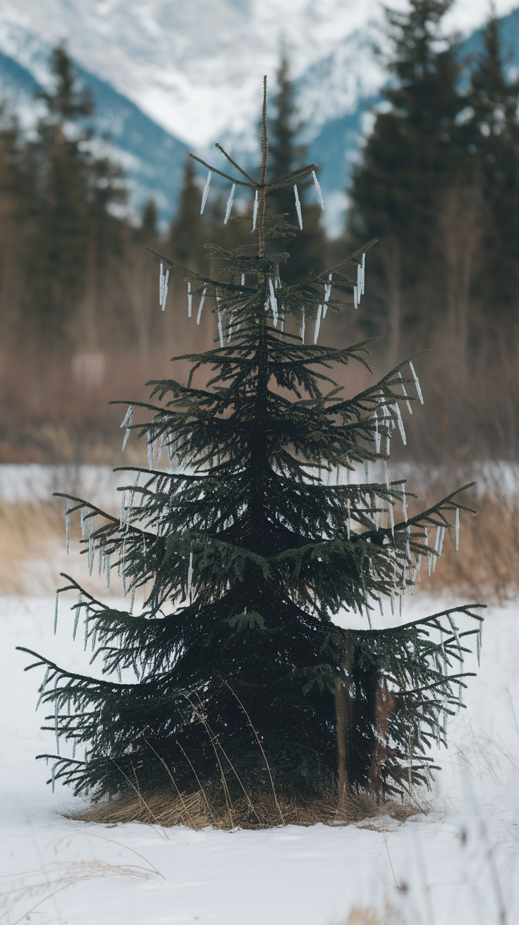 A decorated tree with blue lights and snowflakes in a snowy landscape