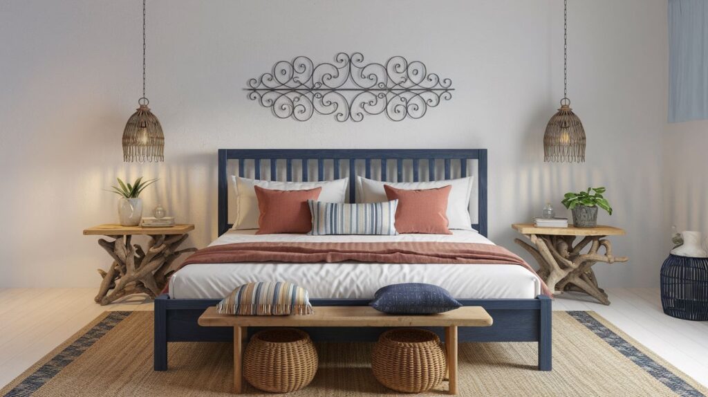 Beach House bedroom with navy wooden bed frame