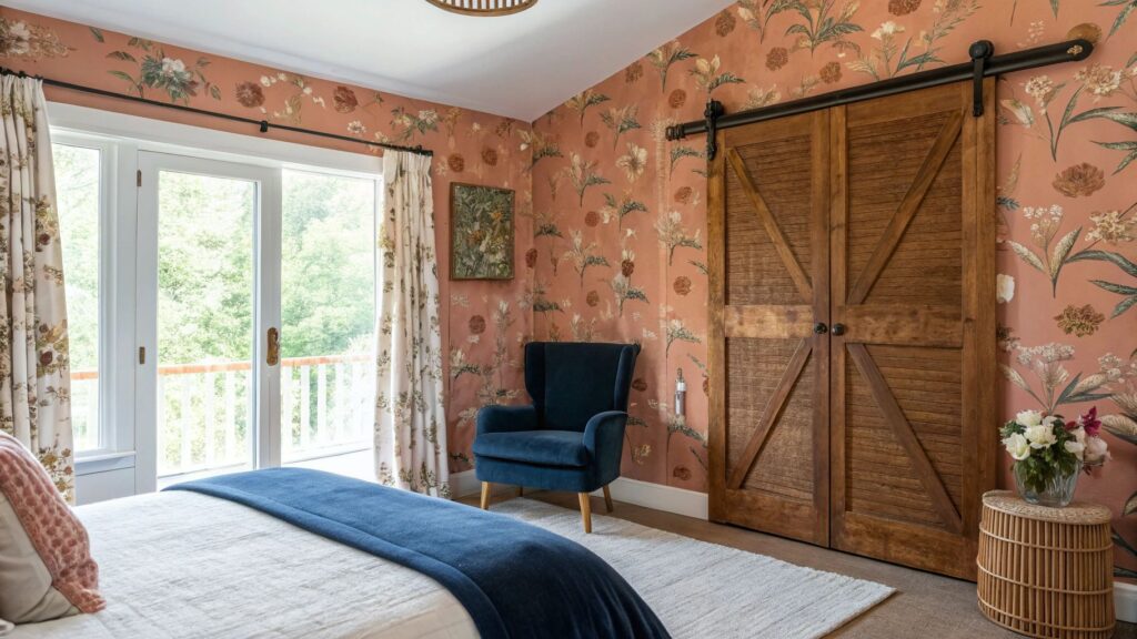 Cottage Comfort Bedroom with terracotta floral wallpaper