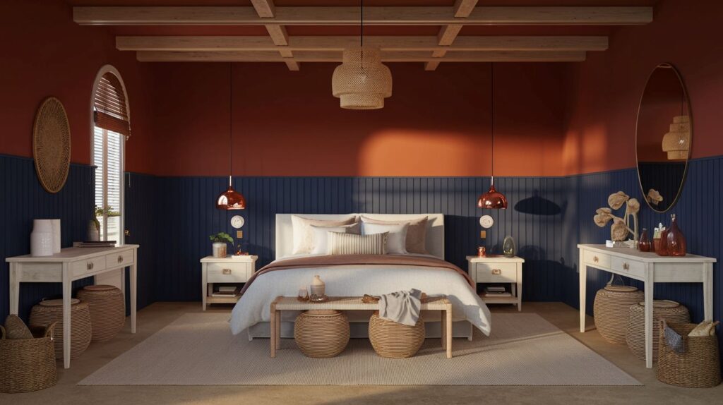 Country Classic Interior of bedroom with terracotta painted ceiling