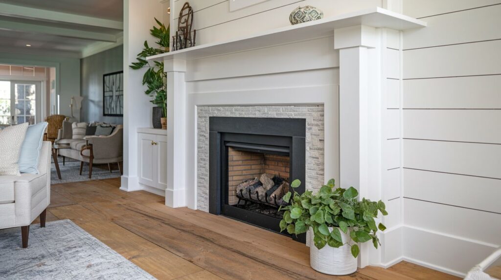 Shiplap surround with farmhouse fireplace style