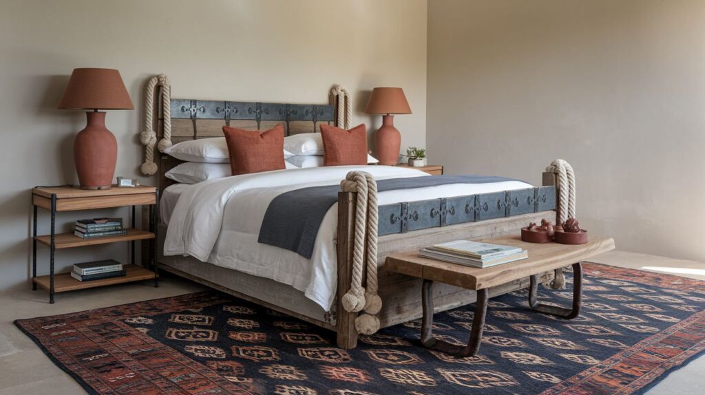 Traditional Touch Bedroom with vintage navy patterned rug