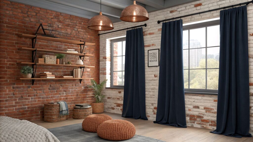 Urban Rustic bedroom with exposed terracotta brick wall