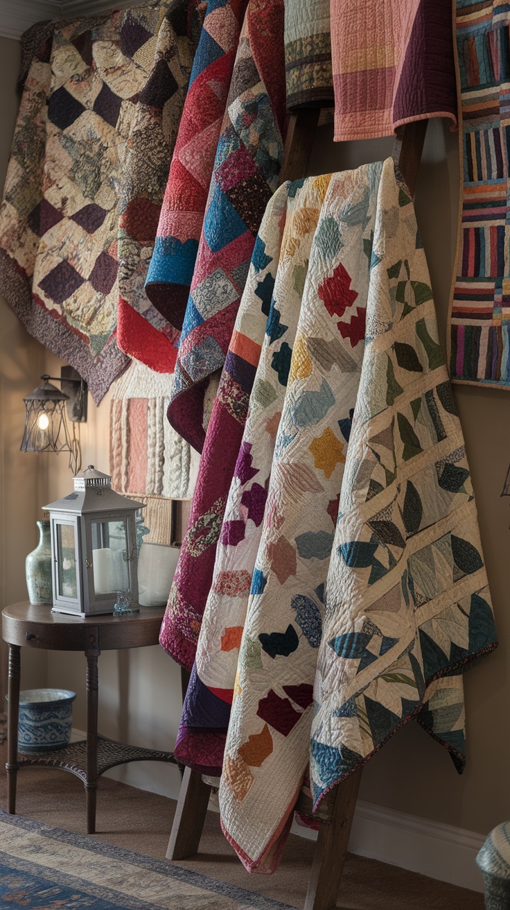 A display of colorful antique quilts hanging on a rustic ladder in a cozy interior setting.