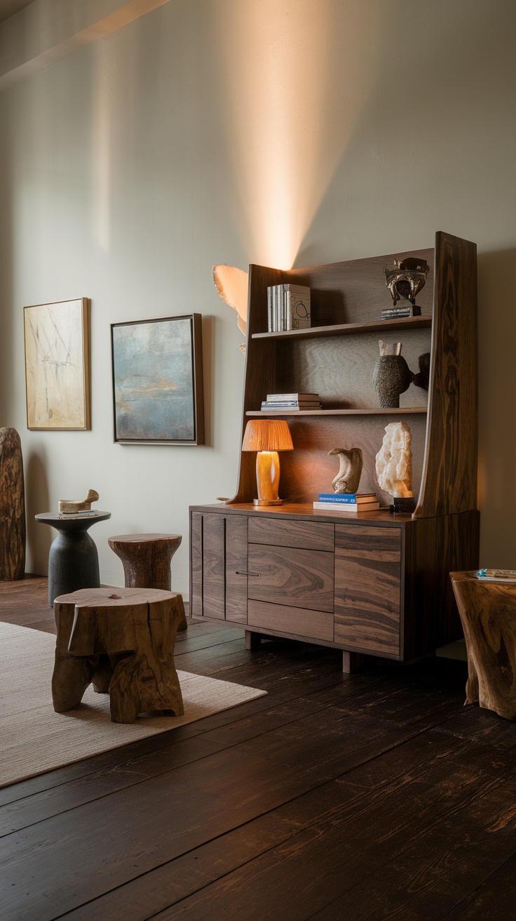 A cozy living room with artisan handcrafted dark oak flooring, featuring wooden furniture and soft lighting.