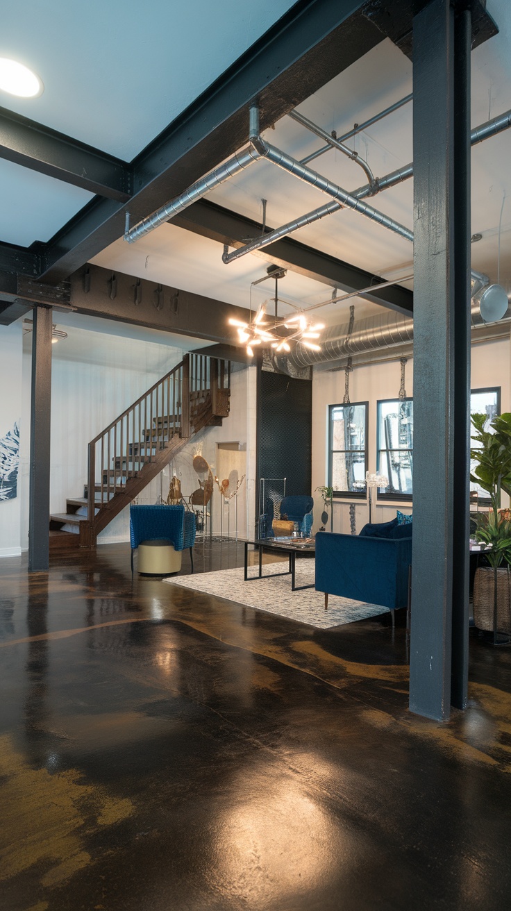 Spacious living room with dark stained concrete flooring, featuring modern furniture and bright decor.