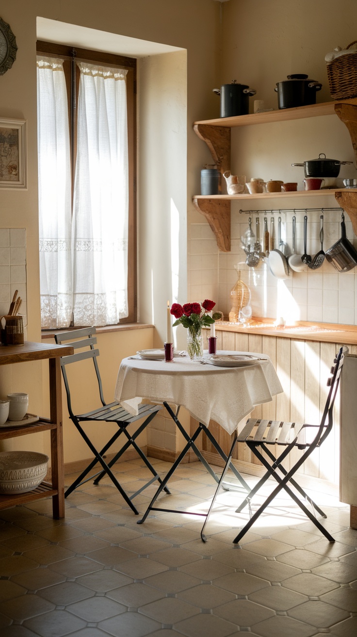 A cozy kitchen with a small round table, two chairs, and fresh flowers, creating a charming French bistro atmosphere.