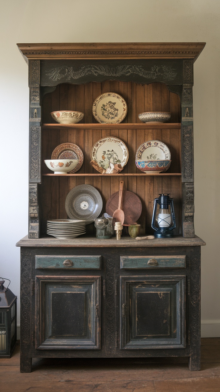 A rustic cabinet in a French country kitchen displaying beautifully patterned plates and bowls on wooden shelves.