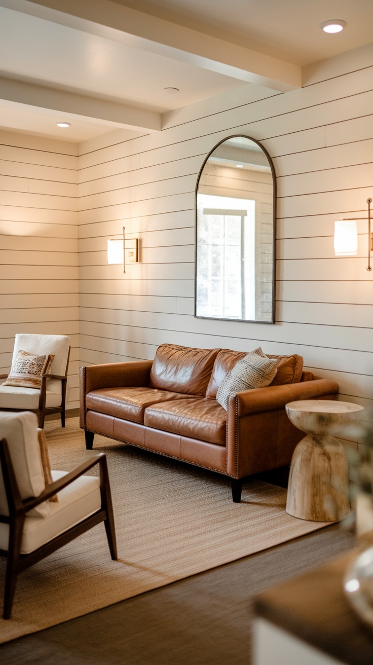 Cozy living room with shiplap walls, leather sofa, and modern lighting