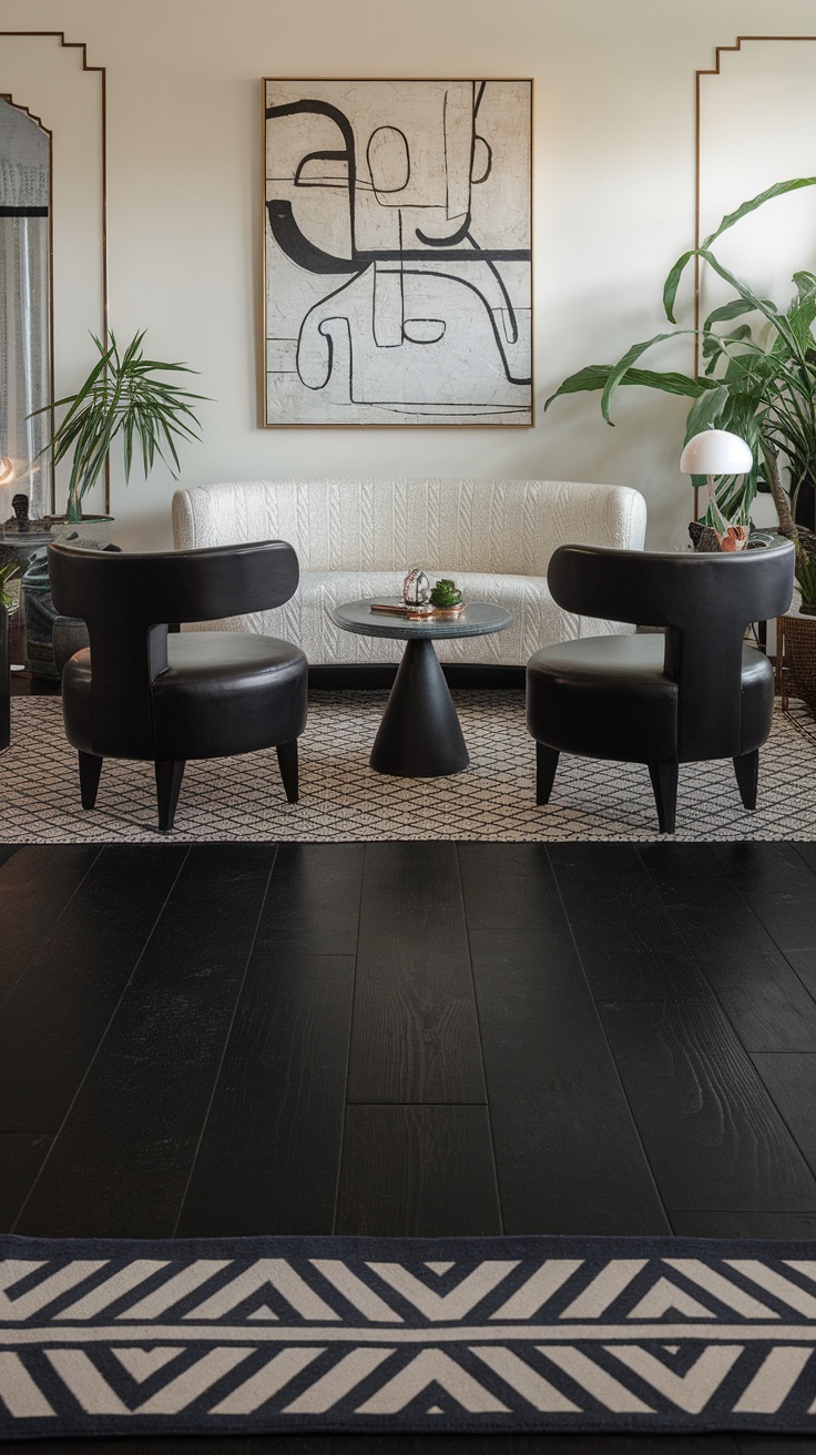 Stylish living room featuring black vinyl plank flooring, modern furniture, and artistic decor.