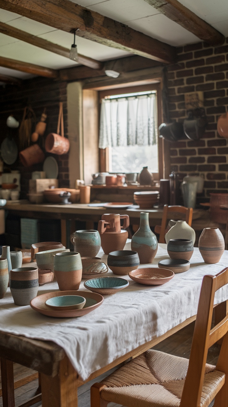 A rustic table adorned with handmade pottery in a cozy French country kitchen.