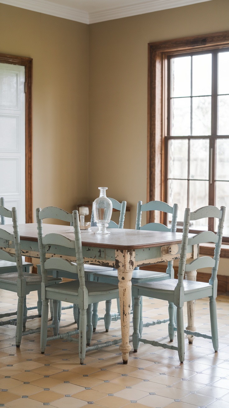 A dining table and chairs with chippy blue and white paint in a cozy room