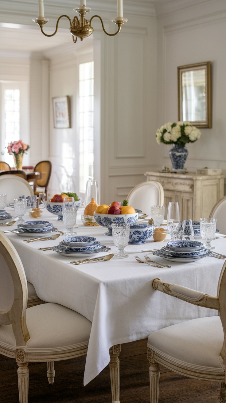 A well-set dining table featuring classic blue and white porcelain dishes, a fruit bowl, and a serene atmosphere.