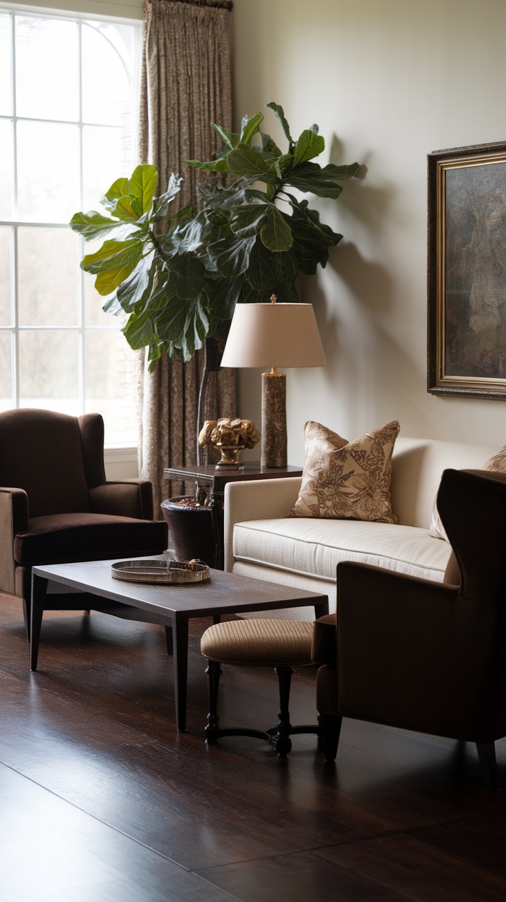 A cozy living room featuring a dark mahogany floor, light-colored furniture, and decorative elements.