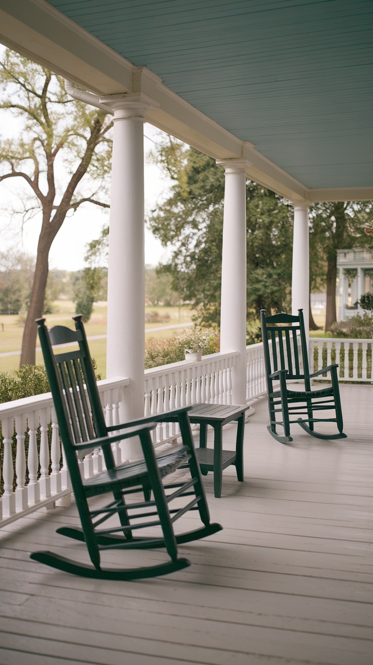 Two classic rocking chairs on a porch with white railings and a blue ceiling