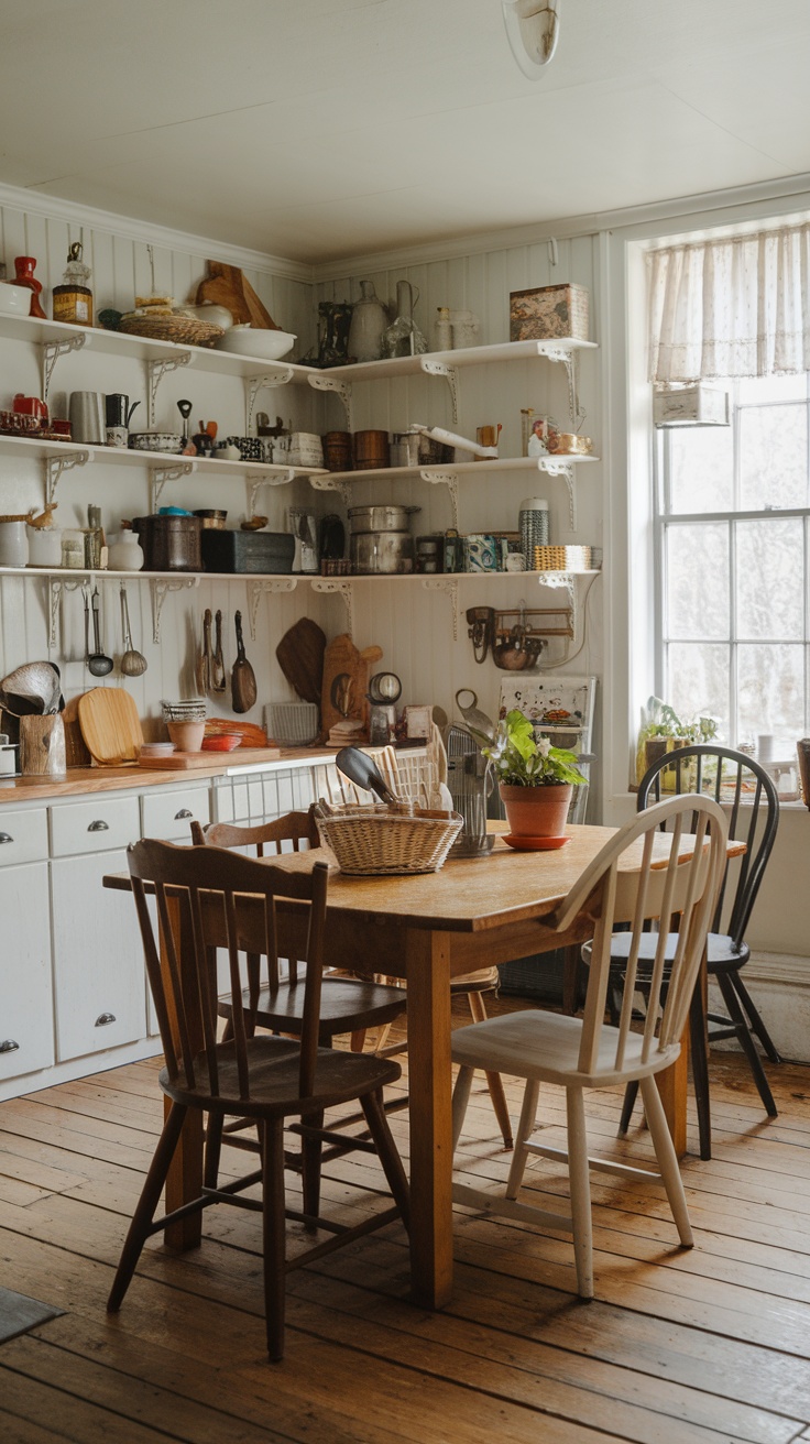 A cozy dining area featuring classic wooden furniture in a French country kitchen.