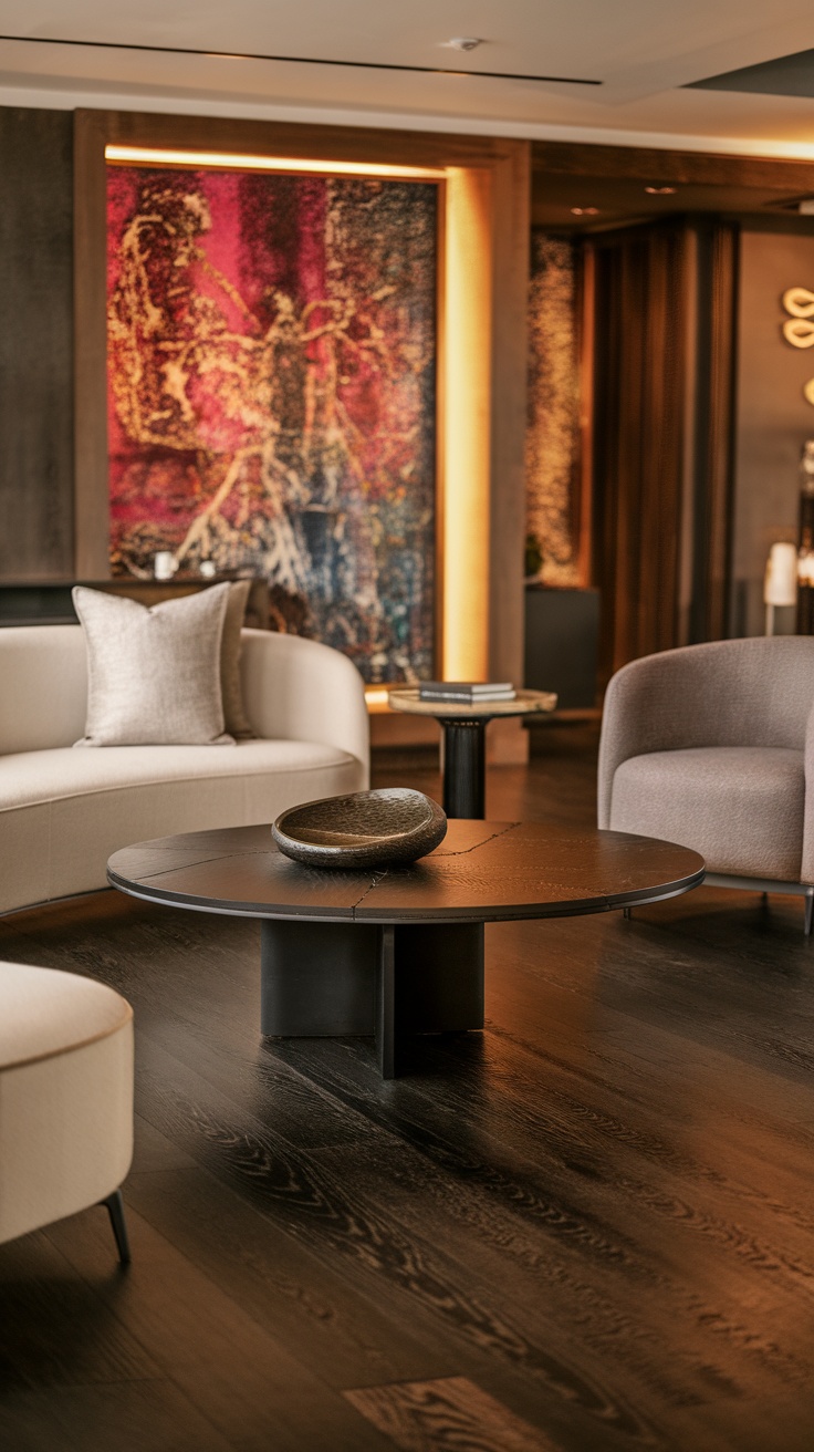 A modern living room featuring dark oak flooring, sleek furniture, and colorful artwork.