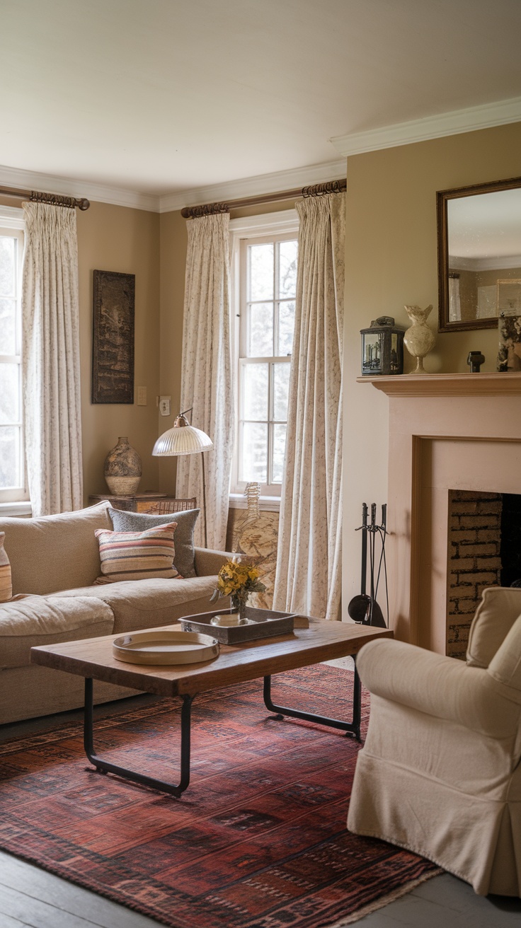 Cozy living room with a sofa, wooden coffee table, and decorative items. The room has warm tones and soft textures, featuring large windows with curtains and a colorful rug.